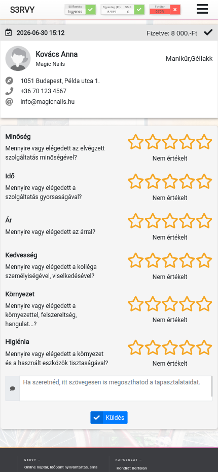 A vendég értékelő űrlapja