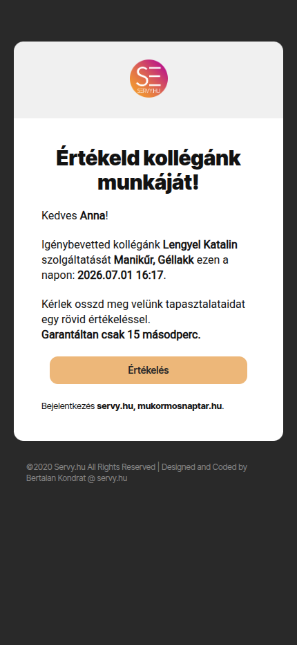 Az értékelést kérő e-mail