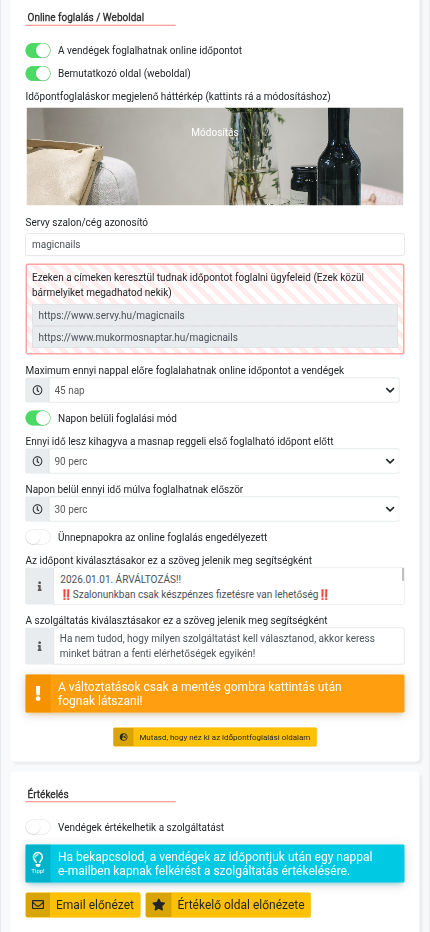 Az Online foglalás / Weboldal beállításai